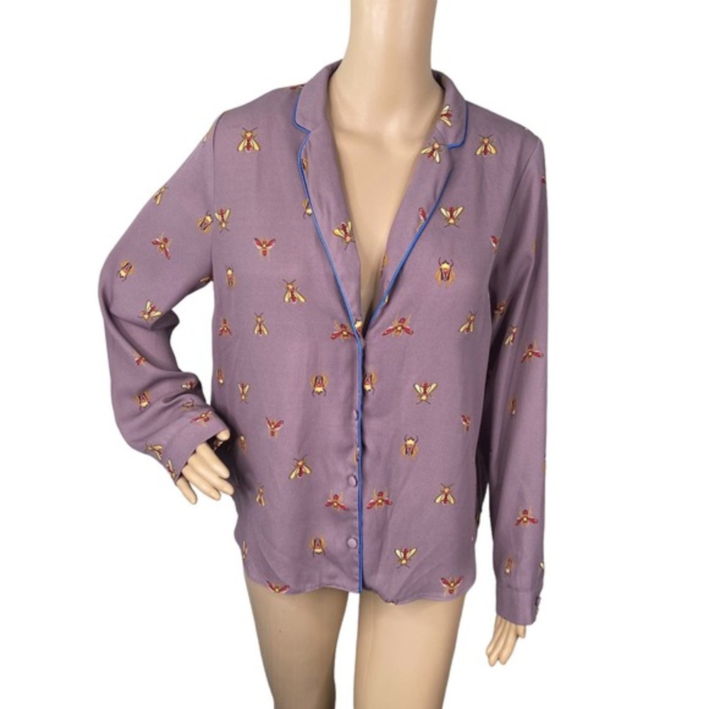 ASOS Purple Bee Bug Print Button Down Shirt Blouse Women's SZ 6